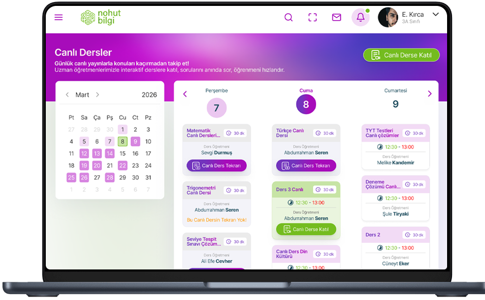 Nohut Bilgi Dijital Eğitim Panellelri canlı ders planı ekranı
